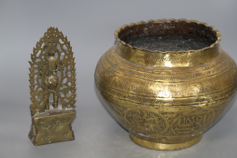 A Benares brass jardiniere and an Indian bronze Buddha